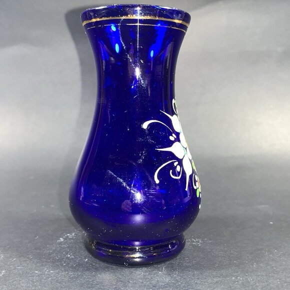 Vintage 3.5” Cobalt Blue Glass Bud Vase Raised Hand‑Painted Flowers Czech Rep. - Picture 4 of 7
